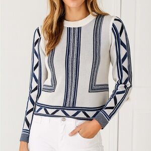 Veronica Beard Geometric Knit Crewneck Sweater Ivory Navy Size Medium